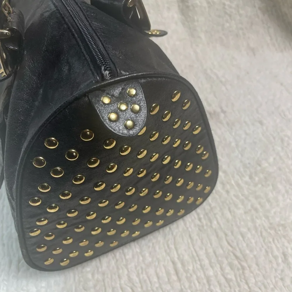 CMZ Stylish Synthetic Black Medium Satchel with Gold Studs Accents.